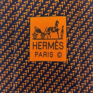 Hermes 100% Silk Men’s Skinny Tie Blue and Orange Geometric Pattern